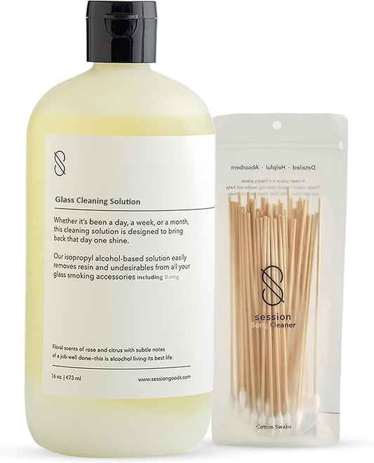 Session Goods Glass Cleaning Solution 16Oz Scented with Cotton Swabs | Glass Pipe Cleaner, Water Pipe Cleaner Cleans Metal, Silicone, Ceramic & Resin Remover, Destroy Wax, Oil & Stinky Debris