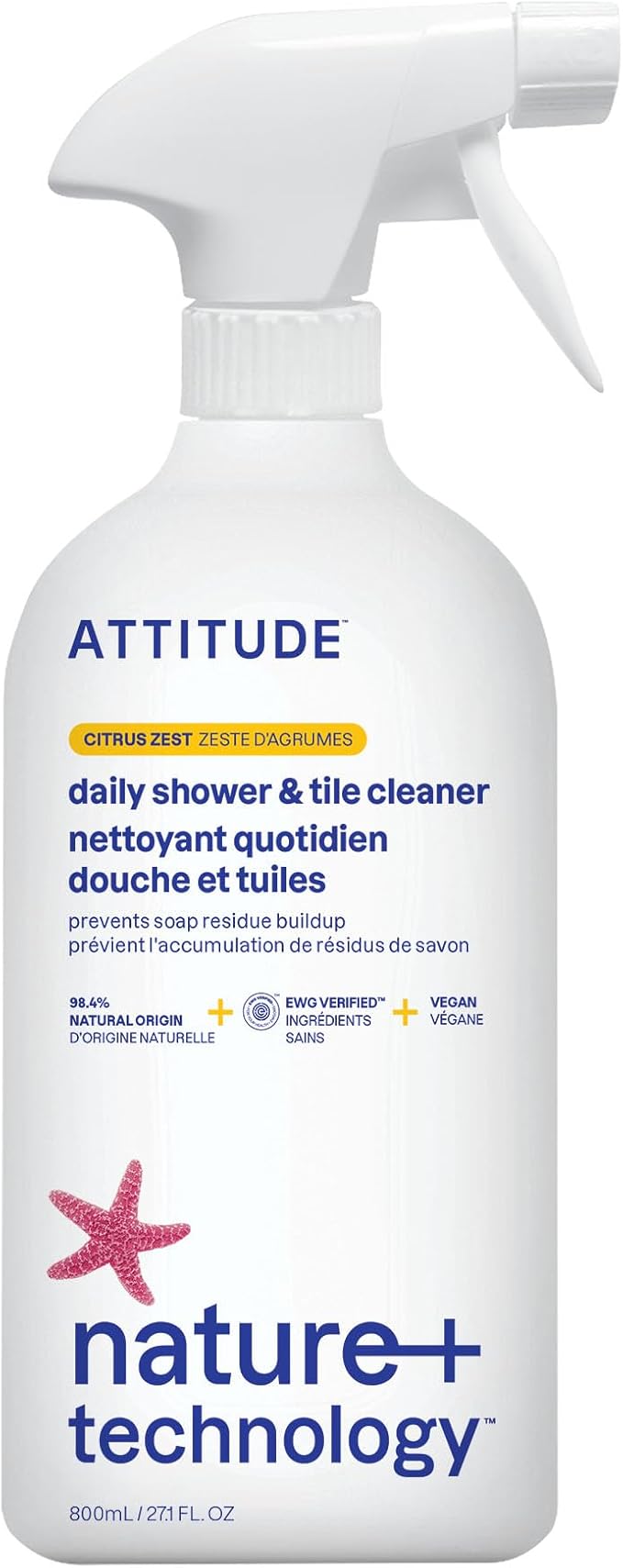 ATTITUDE Shower & Tile Cleaner Spray, EWG Verified, Bathroom Cleaner Removes Soap Scum & Grime, Plant-Based & Vegan, Citrus Zest Scent, 27.1 Fl Oz