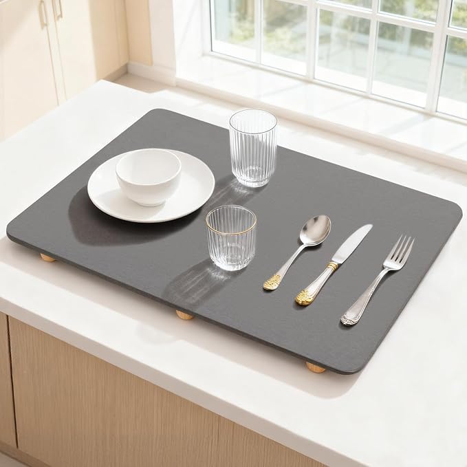 Sapsisel Large Stone Drying Mat for Kitchen Counter, 24" x 16", Quick Dry Absorbent Diatomaceous Stone Mat, Dish Drying Stone for Kitchen Counter