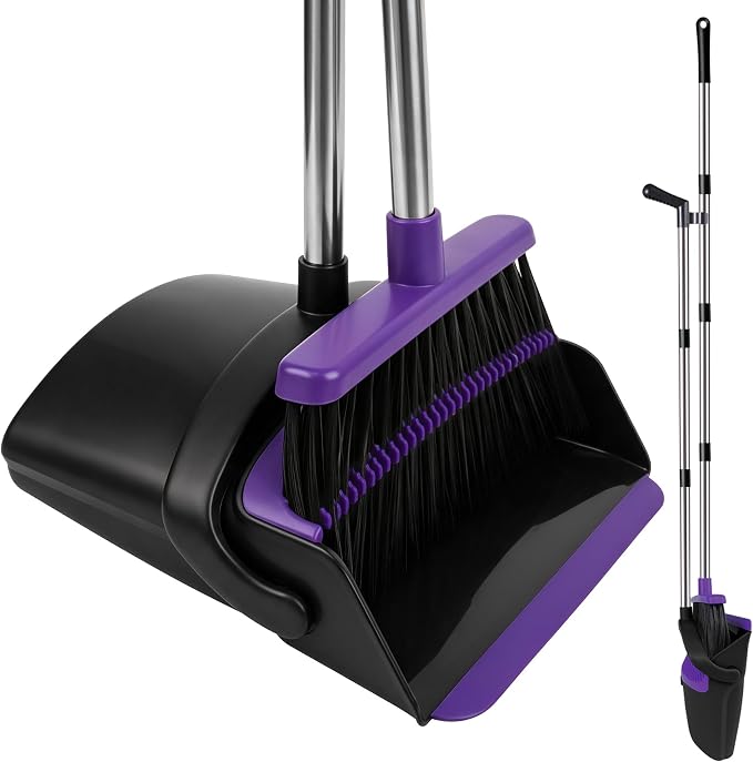 Broom and Dustpan Set, Upright Purple Broom with Dustpan Combo Set 51" Long Handle, Self Cleaning Dust Pan for Home, Kitchen and Office