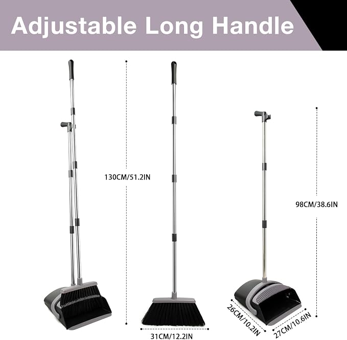 Broom and Dust Pan Combo Set,51.2" Long Handle,Charcoal | Stand up Dustpans with Broom Combo, Indoor & Outdoor Sweeping, for Home Room Kitchen Office Lobby