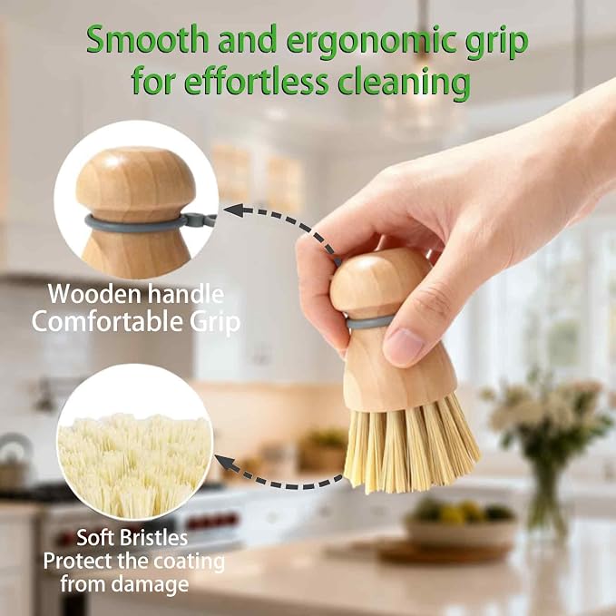 2 Pack Wooden Dish Brush with Soft Rubber Hanging Ring