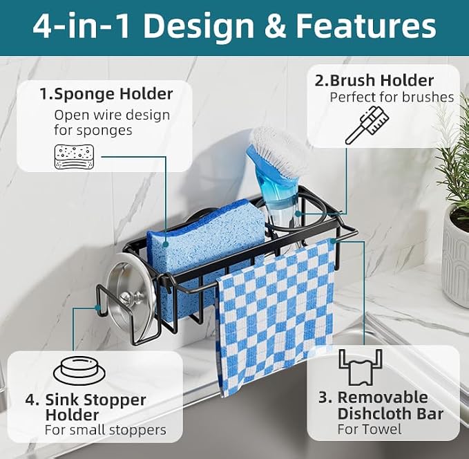 TAILI 4-in-1 Sink Caddy with Strong Suction Cup, Sponge Holder for Kitchen Sink Organizer, Removable, Rustproof, Stainless Steel Holder for Sponge, Brush, Scrubber, Scraper - Black