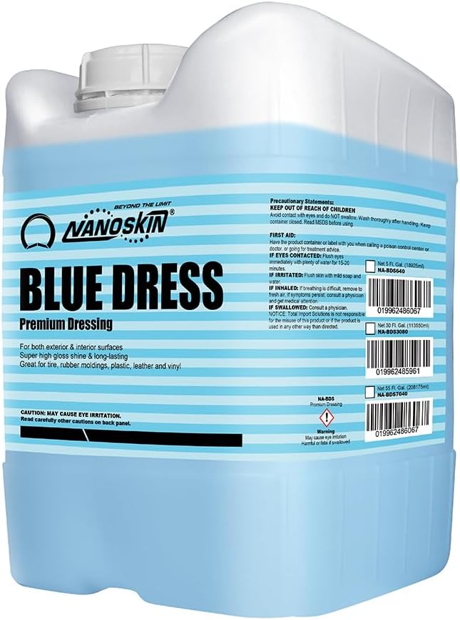 Nanoskin BLUE DRESS Premium Dressing 5 Gallons- Sprayable Interior & Exterior| Works on Tire, Vinyl, Rubber, Plastic & Trim | Safe for Cars, Trucks, Motorcycles, RVs, Light Blue, 640 Fl Oz (Pack of 1)