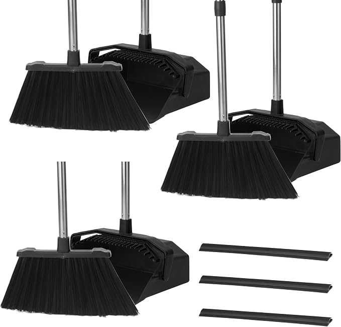 Tiumso 3-Pack Upright Broom with Dustpan Combo Set, Commercial Broom and Dustpan Set, Industrial Brooms and Dust Pan with Long Handle for Restaurant Kitchen Shop Warehouse Lobby Garage - Black