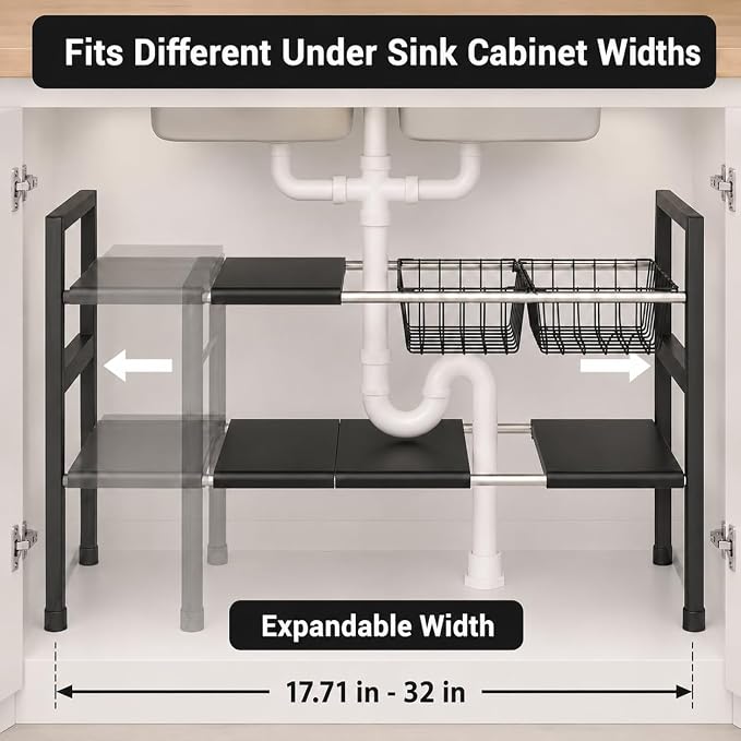 Expandable Under Sink Organizer, 2 Tier Under Sink Shelf, Height Adjustment, Under Sink Shelves with 3 Removable Baskets and 3 Removable Panels for Bathroom Kitchen Pantry Cabit black 21.65in