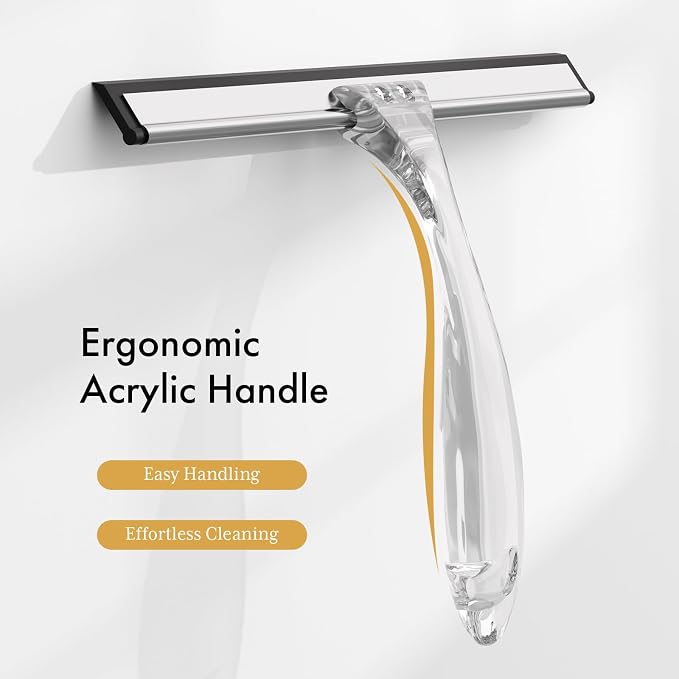 AmazerBath Shower Squeegee for Glass Doors, All-Purpose Squeegee with Suction Hook & Adhesive Hook, Clear Squeegee for Shower Glass, Windows, Mirrors, Tiles and Car Windows - 10 Inches, Clear