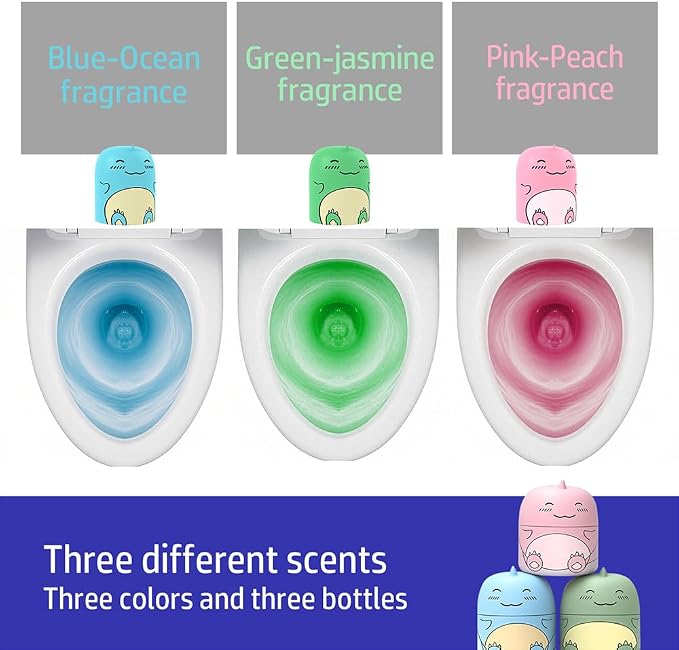 Cute Dinosaur-Shaped Toilet Bowl Cleaner Bottle, Bathroom Toilet Tank Cleaner with Ocean, Jasmine, and Peach Scent,Three bottles can be used for 9 months (Ocean&Peach&Jasmine)