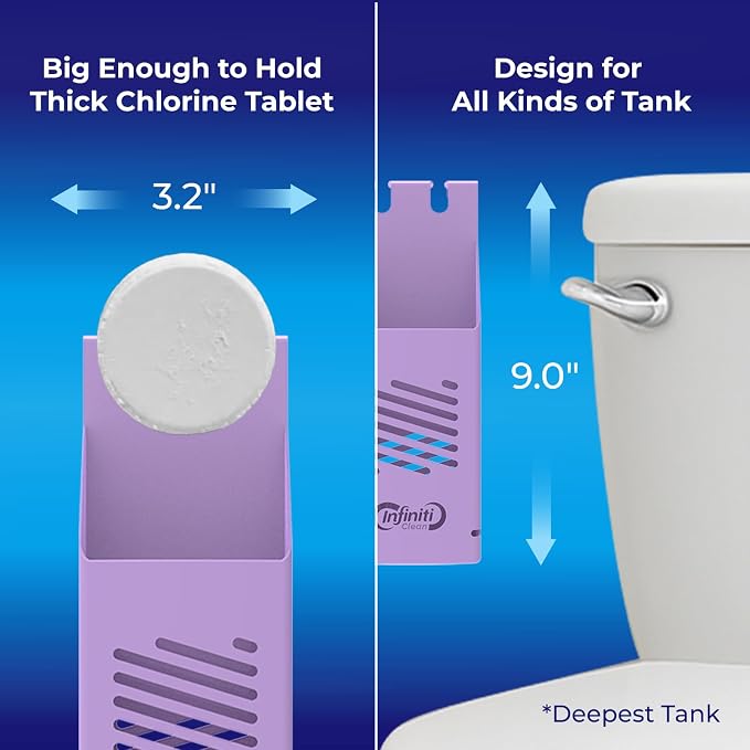 Toilet Tank Tablet Holder with Blue Toilet Bowl Tablets, 8.97 x 3.22 x 2.25 Inch Tablet Holder - Prevents Flapper Jams & Residue, Extends Life of Drop-In Cleaner Tablets (1+2)