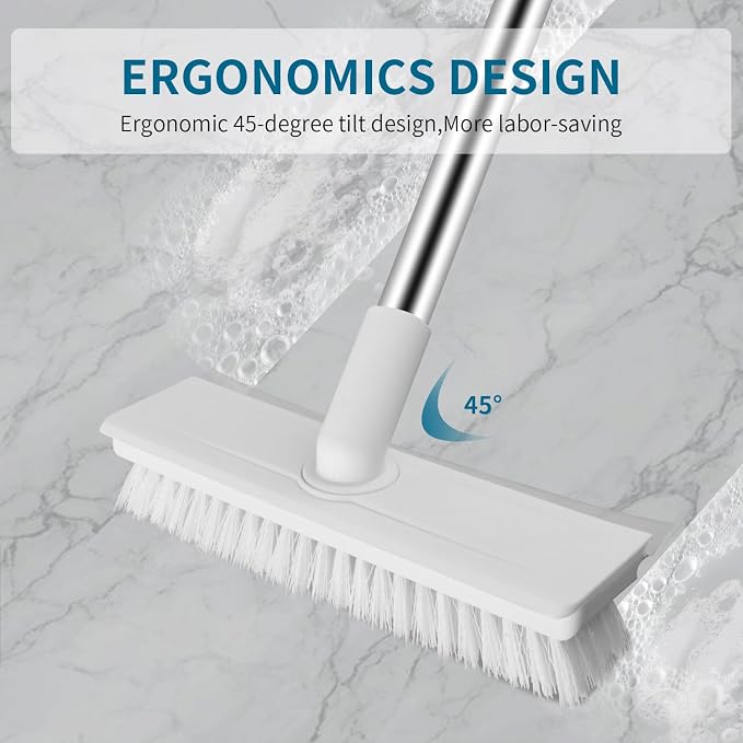 2 in 1 Floor Scrub Brush with Long Handle, White | Scrape Brush Stiff Bristle Floor Scrubber for Cleaning Shower Bathroom Garage Kitchen Wall Deck Tub Tile
