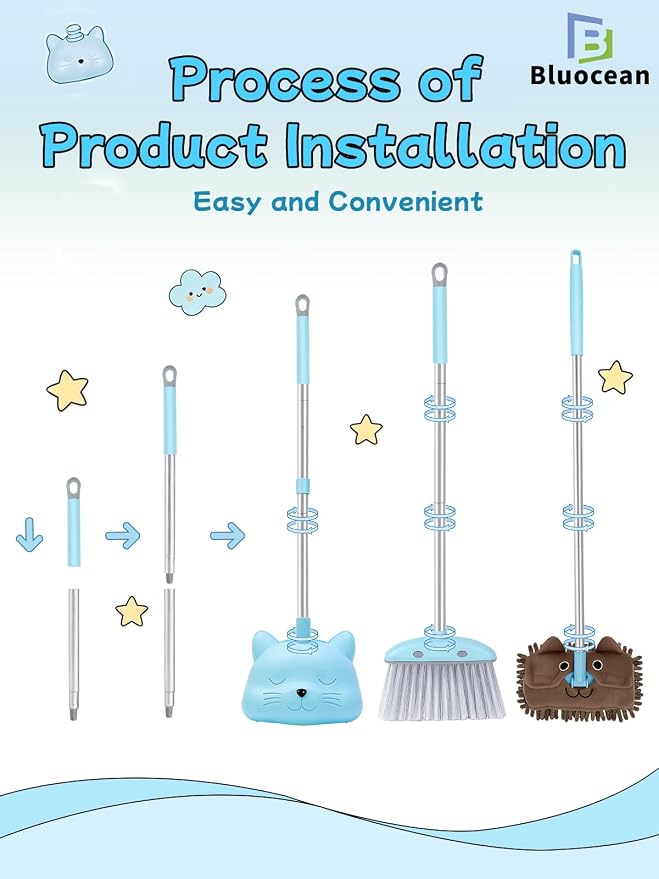 28'' Kids Mini Broom with Dustpan & Mop Set - Toddler Cleaning Toy, Toddler Household Helper, Parent-Child Interactive Play Cleaning Tool, Cute Cartoon Design, Small Safe Corner Broom (Blue)
