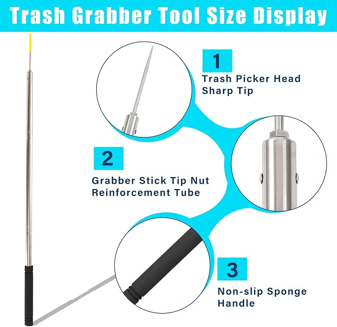 Trash Pickup Tool,47Inch Trash Picker Upper Grabber High-Duty Stainless Steels Tip Lightweight & Reinforcement Garbage Debris Nabber Litter Picker Grabber Durability Reacher Yard Stick (47in)