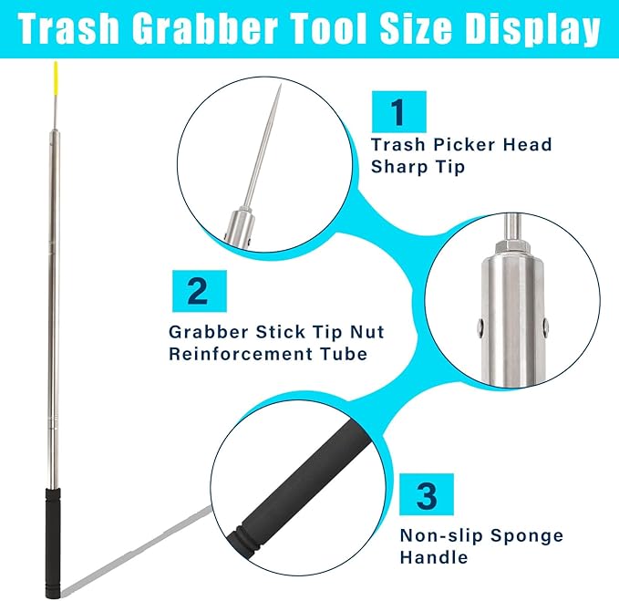 Trash Pickup Tool,48Inch Trash Picker Upper Grabber High-Duty Stainless Steels Tip Lightweight & Reinforcement Garbage Debris Nabber Litter Picker Grabber Durability Reacher Yard Stick