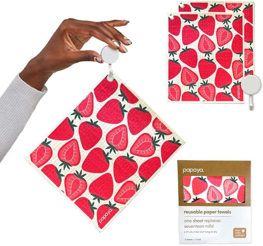 Papaya Swedish Dishcloths for Kitchen, 2 Reusable Paper Towels, 1 Hook | Eco Friendly, Washable, Quick Drying, No Odor, Replaces 17 Rolls of Paper Towel, Sustainable