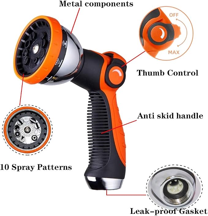 Garden Hose Spray Nozzle,10 Hose Metal Duty Watering Patterns Thumb Control On Off Valve, High Pressure Nozzle Sprayer for Plants, Car Wash,Cleaning,Showering Pets