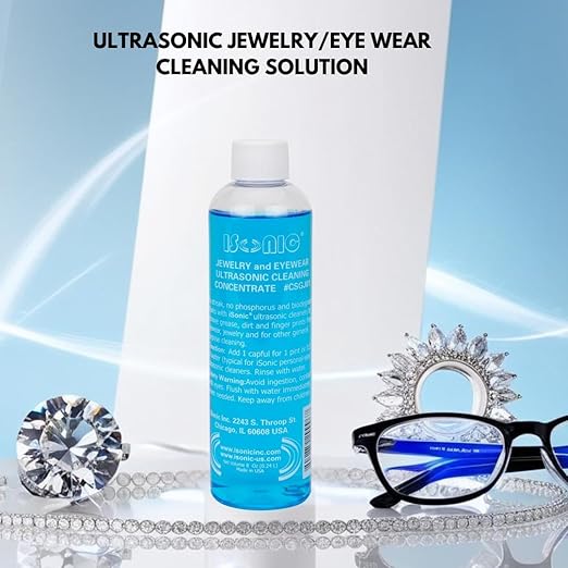iSonic Ultrasonic Jewelry & Eyeglass Cleaner Solution Concentrate - Professional Cleaning Liquid for Ultrasonic Machine - Clean Gold, Silver, Diamond, Watch, Glasses, Eye Wear, 8-oz