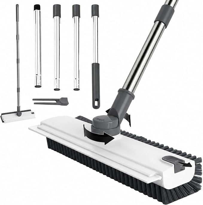 3 in 1 Floor Scrub Brush,Floor Scrubber with Squeegee and Tweezer, Push Broom with Long Handle,Heavy-Duty Stiff 90° Bristle Broom for Patio,Shower, Garage,Deck,Tile, Concrete & Wood Surface (White)