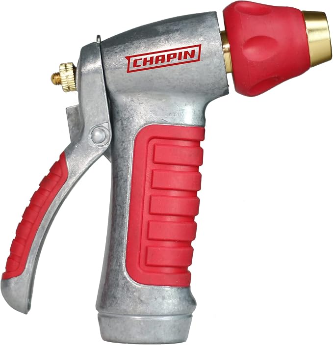 Chapin 4600 Professional Heavy Duty Galvanized Steel 7-way Spray Nozzle With Ergonomic Rubber Grip, Silver/Red