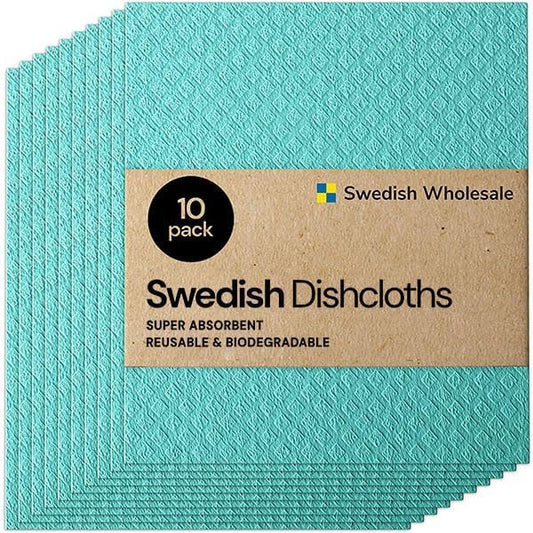 Swedish Wholesale Dishcloths Reusable 8" x 7" Sponge Cloths, Bulk 10 Pack of High Absorbent Cellulose Dish & Kitchen Cleaning Hand Towels, Wring to Dry & Machine Wash, Odor Resistant, Seafoam