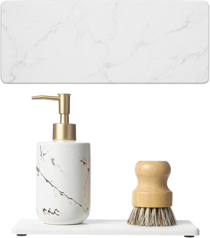 2PCS Water Absorbing Stone Drying Tray for Kitchen Counter & Bathroom Sink, Diatomite Faucet Splash Guard, Soap Dispenser Rack & Sponge Holder Caddy Organizer, Marble White (Printed Pattern), 9"x 3.5"