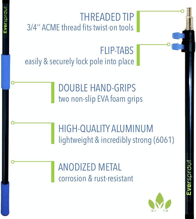 EVERSPROUT Car Brush with Rubber Bumper 5-to-12 Ft with Extension Pole | For Cars, Boats, SUVs, Trucks, Solar Panels, Reaches 20 Ft Standing, No-Scratch Rubber Bumper, Fits 3/4” Acme Threads