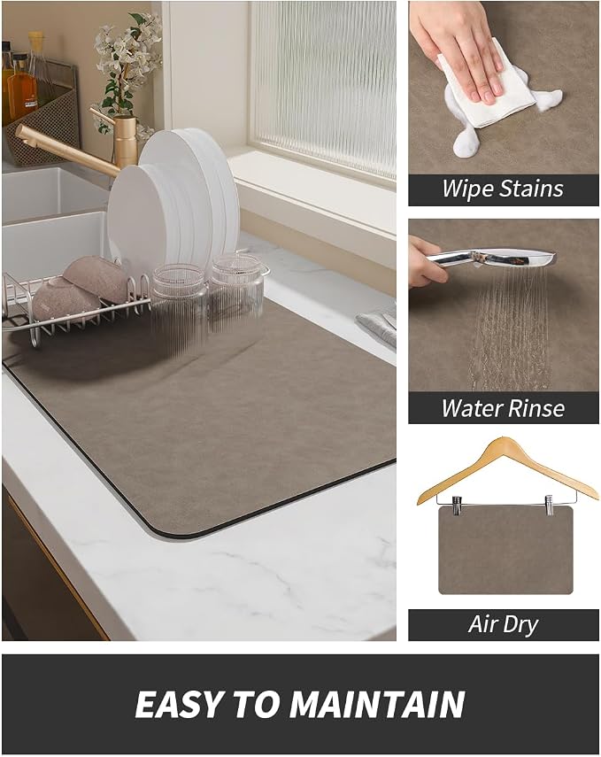 AMOAMI-Coffee Mat Hide Stain Rubber Backed Absorbent Dish Drying Mat for Kitchen Counter-Coffee Bar Accessories Fit Under Coffee Maker, Espresso Machine, Pot, Dish Rack Brown 1624