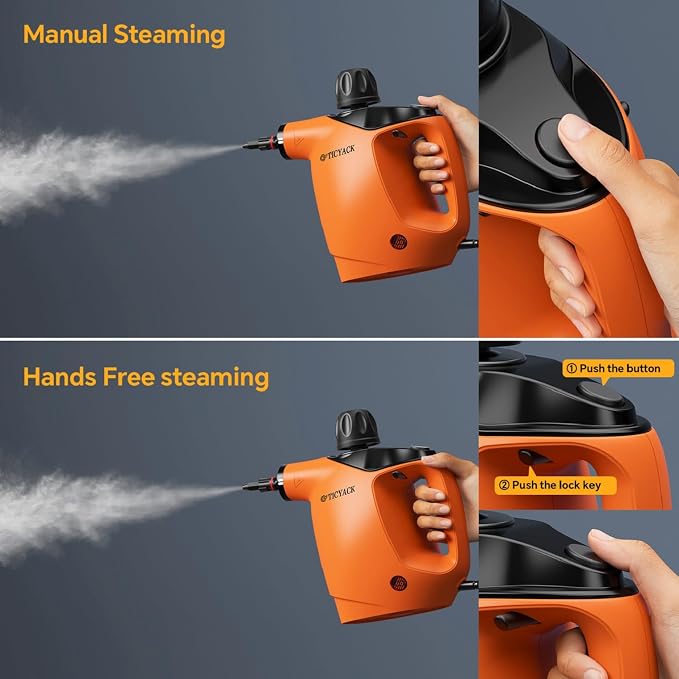 TICYACK Handheld Steam Cleaner, Steam Cleaner with 16 PCS Accessory & Safety Lock,500ML Capacity, Multi-Surface Deep Cleaning for Home, Car, Bathroom, Grout, Floor, Window (Orange)