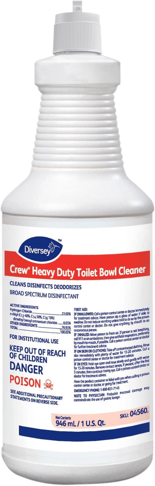 Diversey CREW 04560 Heavy Duty Toilet Bowl Cleaner & Disinfectant, 23% HCI removes Rust Stains, Lime Scale with Mint Scent, Ready-to-Use, 32-Ounce