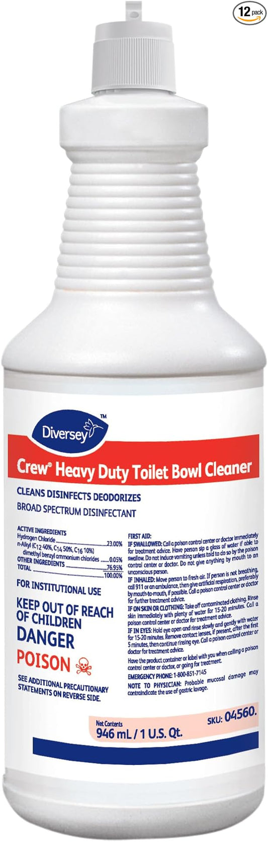 Diversey CREW Heavy Duty Toilet Bowl Cleaner | Rust Stains, Lime Scale, Uric Acid, Urinals, Commercial Restrooms, Clings Under Rim, Odor Control