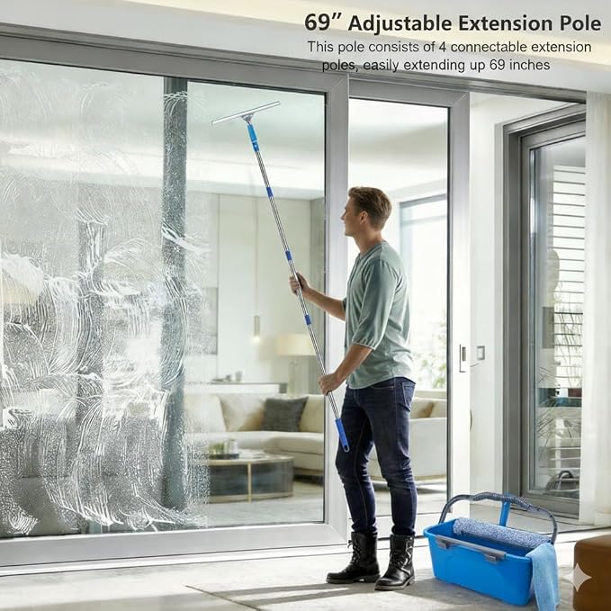 Professional Window Cleaning Kit with 6ft Long Handle, 3 Gallon Bucket | 14" Squeegee,15" Scrubber,Spray Bottle,Cloth,Window Washing Equipment Cleaner Tool for Outdoor Commercial Household
