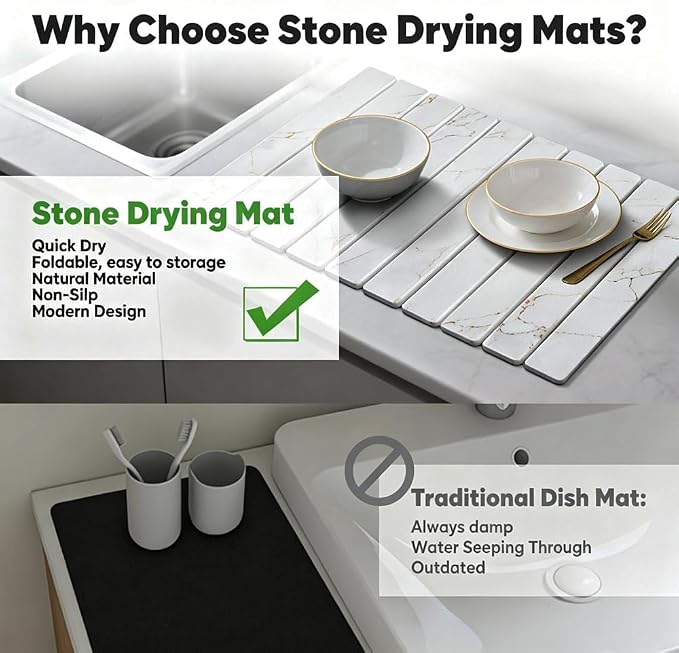 Stone Drying Mat for Kitchen Counter, Quick Diatomaceous Earth Mats for Dishes, 24"L x 16" W Super Absorbent Fast-Drying Collapsible Countertop Stone Mat (Marble Gold White, 24" x 16")