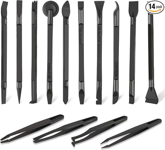 14 Pcs Plastic Crevice Cleaning Tool Car Detailing Spatula Set Black Scraper Tool Non-scratch Small Putty Knife Anti-static Tweezers for Tight Spaces