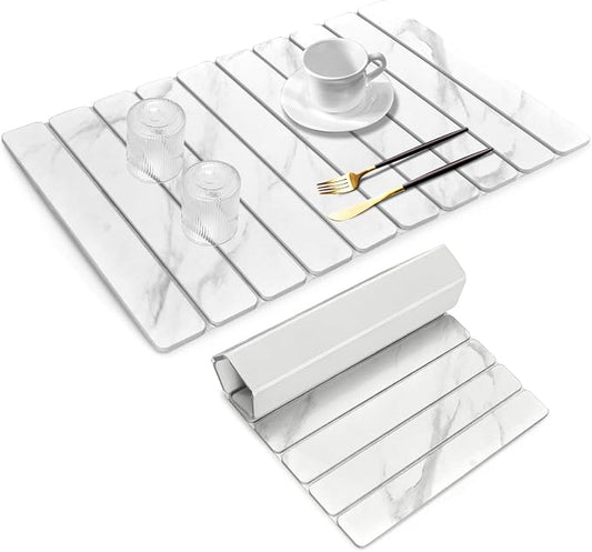Large Stone Dish Drying Mats for Kitchen Counter, 24"(L)×16"(W) Marble-Pattern, Fast Drying Collapsible Dish Drying Mat, Eco-Friendly Absorbent Diatomaceous Earth Mats for Tableware, Match Countertop