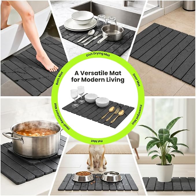 Stone Dish Drying Mat for Kitchen Counter Large Quick Dry Diatomaceous Earth Stone Drying Mat Foldable Water Absorbent Dish Drying Mat for Dishes Cups Bottles Kitchen Sink Countertop (Grey Marble)