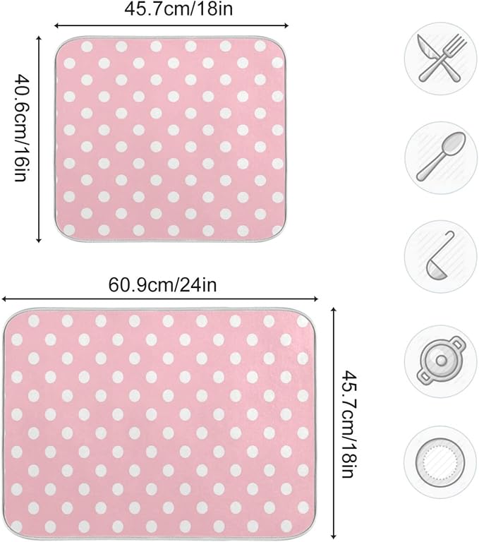 Pink White Polka Dot Dish Drying Mat for Kitchen Counter 16 x 18 Inch Absorbent Microfiber Valentines Dry Dishes Rack Mats Drainer Mat Dish Drying Pad for Countertops Decor