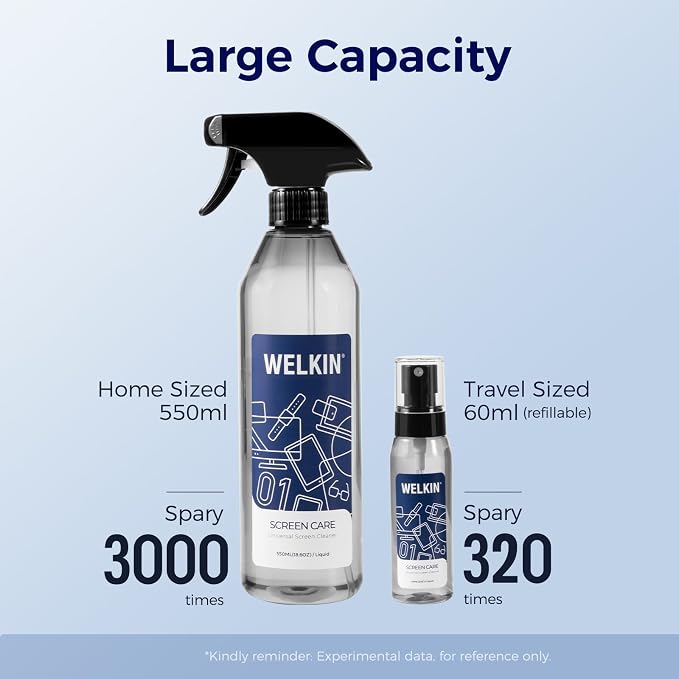 WELKIN Screen Cleaner Spray Kit, 18.6 oz + 2 oz for TV, Laptop & Phone | Fine Mist Spray for Screens, Gentle Formula, Streak-Free Cleaning, Anti-Static, Includes 1 Microfiber Cloth & 1 Glass Wipe