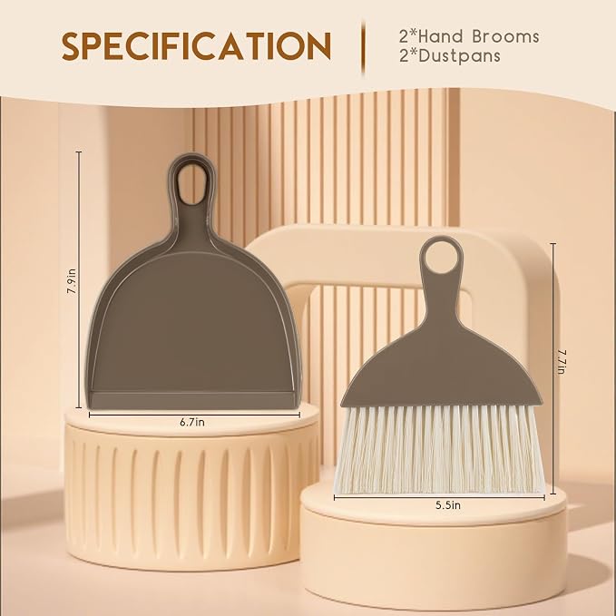 THINKLEARN 2PCS Small Dust Pan and Brush Set, Mini Broom Dustpan Kit | Portable Brush Dustpan Combo Set, Brown Cleaning Supplies