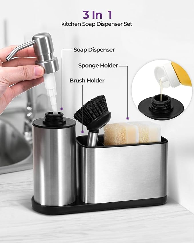 ODesign Kitchen Soap Dispenser Set - 3 in 1, Stainless Steel Dish Soap Dispenser with Sponge Holder, Dish Brush & Brush Holder, Kitchen Sink Caddy Organizer for Countertop - Rustproof, Non-Slip