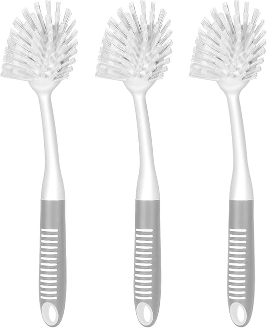 SetSail Dish Brush with Handle, 3 Pack Stiff Bristles Dish Scrubber with Built-in Scraper Dish Scrub Brushes for Cleaning Dishes, Pots and Pans, Kitchen Sink, 3 Pack, Grey White