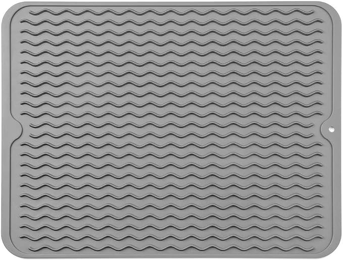 MicoYang Silicone Dish Drying Mat, Grey, 16"×12" | Quick-Dry Ridges, Heat-Resistant Trivet to 450°F, Non-Slip & Dishwasher Safe, Roll-Up Storage, 18 Colors & 9 Sizes Available