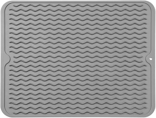 MicoYang Silicone Dish Drying Mat, Grey, 16"×12" | Quick-Dry Ridges, Heat-Resistant Trivet to 450°F, Non-Slip & Dishwasher Safe, Roll-Up Storage, 18 Colors & 9 Sizes Available