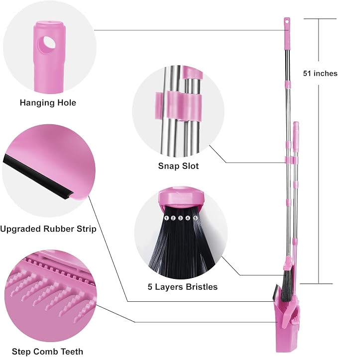 Tiumso Broom with Dustpan Combo Set, 51'' Broom and Dustpan Set, Brooms and Dust Pan with Handle, Brooms with Standing Dustpans, House Broom for Pets Hair and Floor Cleaning - Pink
