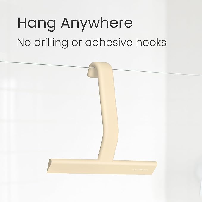 dancemoon JustHang Shower Squeegee with Built-in Hook, 10'' Sand Beige | Award-Winning Design, All-One-Piece Soft-Touch Silicone, for Glass Door, Bathroom, Window, Mirror, Tile Wall, Car