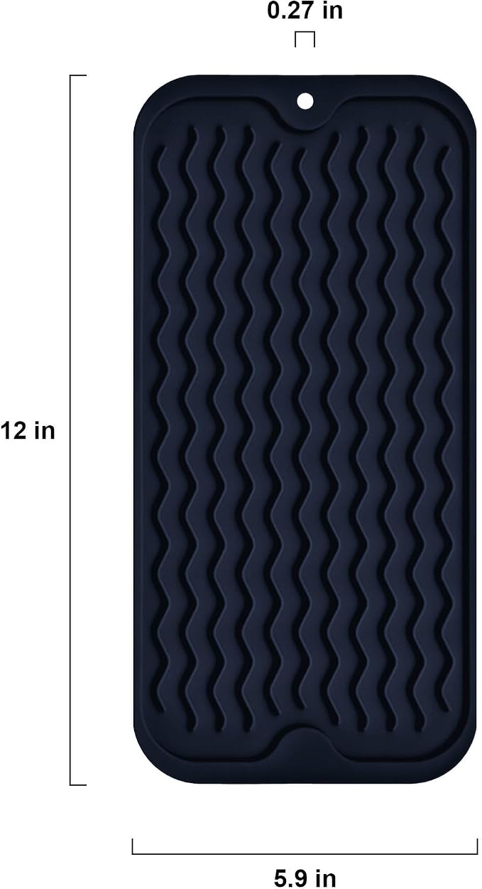 Silicone Dish Drying Mat for Multiple Usage, Easy clean, Eco-friendly, Heat-resistant Dish Drainer Mat for Kitchen Counter,Sink,Refrigerator or Drawer liner (12" x 6", Dark Blue)