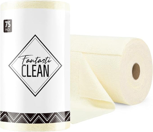 Fantasticlean Microfiber Cleaning Cloth Roll- 75 Sheets, 12" x 12" (Beige) | Super Absorbent, Lint-free, Tear-away Microfiber Towel Roll, for All-Purpose Cleaning, Reusable Alternative to Paper Towels