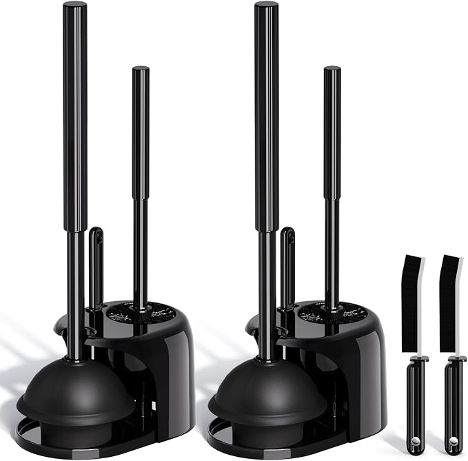3in1 Toilet Brush and Plunger Set, 2 Pack with Crevice Brushes | Bright Black Bathroom Essentials for Apartment, Cleaning Supplies, Home Essentials, bathroom decor, apartment essentials pair