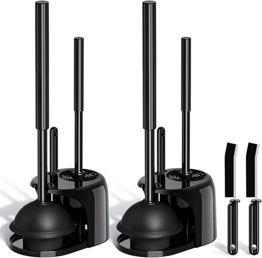 3in1 Toilet Brush and Plunger Set, 2 Pack with Crevice Brushes | Bright Black Bathroom Essentials for Apartment, Cleaning Supplies, Home Essentials, bathroom decor, apartment essentials pair
