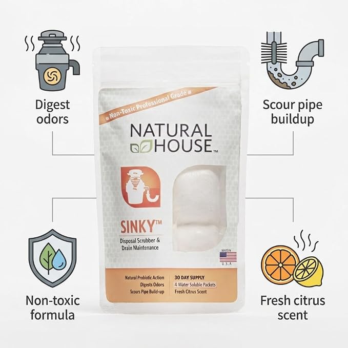 Natural House Sinky - Plant-Based Enzyme Drain Cleaner & Garbage Disposal Pods - Breaks Down Grease, Food Scraps - Septic-Safe, Plumbing-Friendly - Citrus Scent - 60 Count