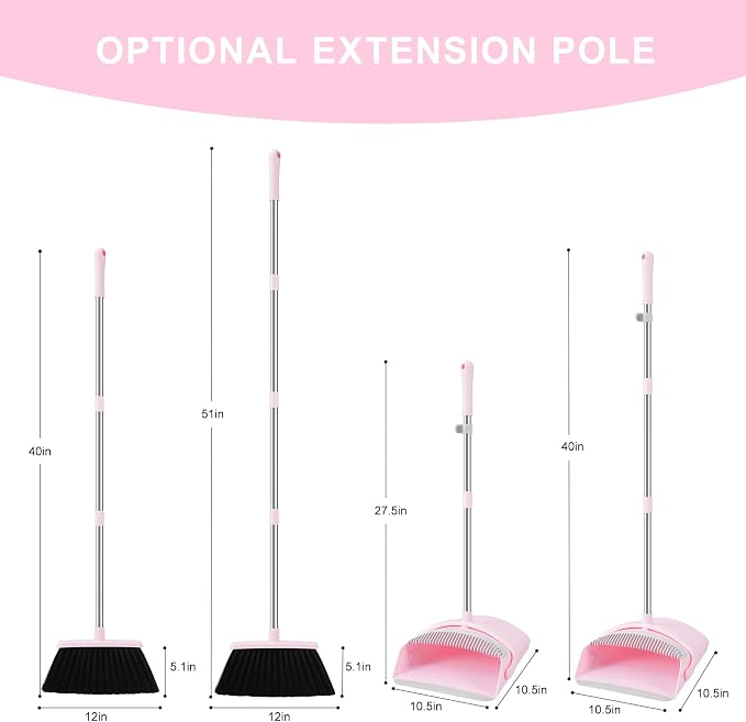 BSKLIN Broom and Dustpan Set for Home, 52" Long Handle Standing Broom Set with Dustpan Self-Cleaning Teeth for Hair Removal Heavy Duty Indoor Outdoor Sweeping Kit for Kitchen Garage (Pink)