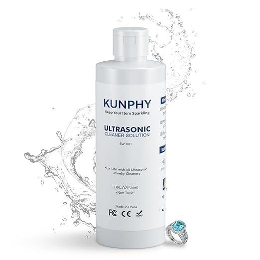 KUNPHY Ultrasonic Jewelry Cleaner Solution for Gold, Silver, Platinum 1.7 oz | Concentrated; for All Ultrasonic Machines; Removes Residue & Grime; Gentle Formula for Non-Porous Stones & Metals